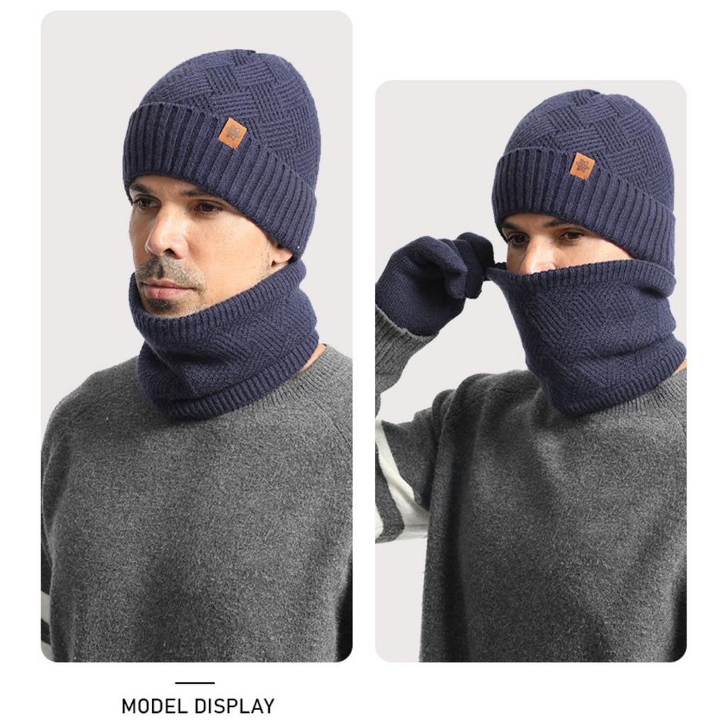 Men's, Knitted Hat, Cold Cap, Knitted Neck, Velvet Gloves, Thickened, Double Layer Neck, Gloves, Hat, Three Piece Set