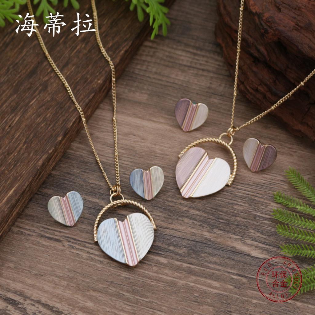 New Color Painting Oil Love Stud Earrings Pendant Set Women's Simple and Cute Heart Stud Earrings Necklace Set