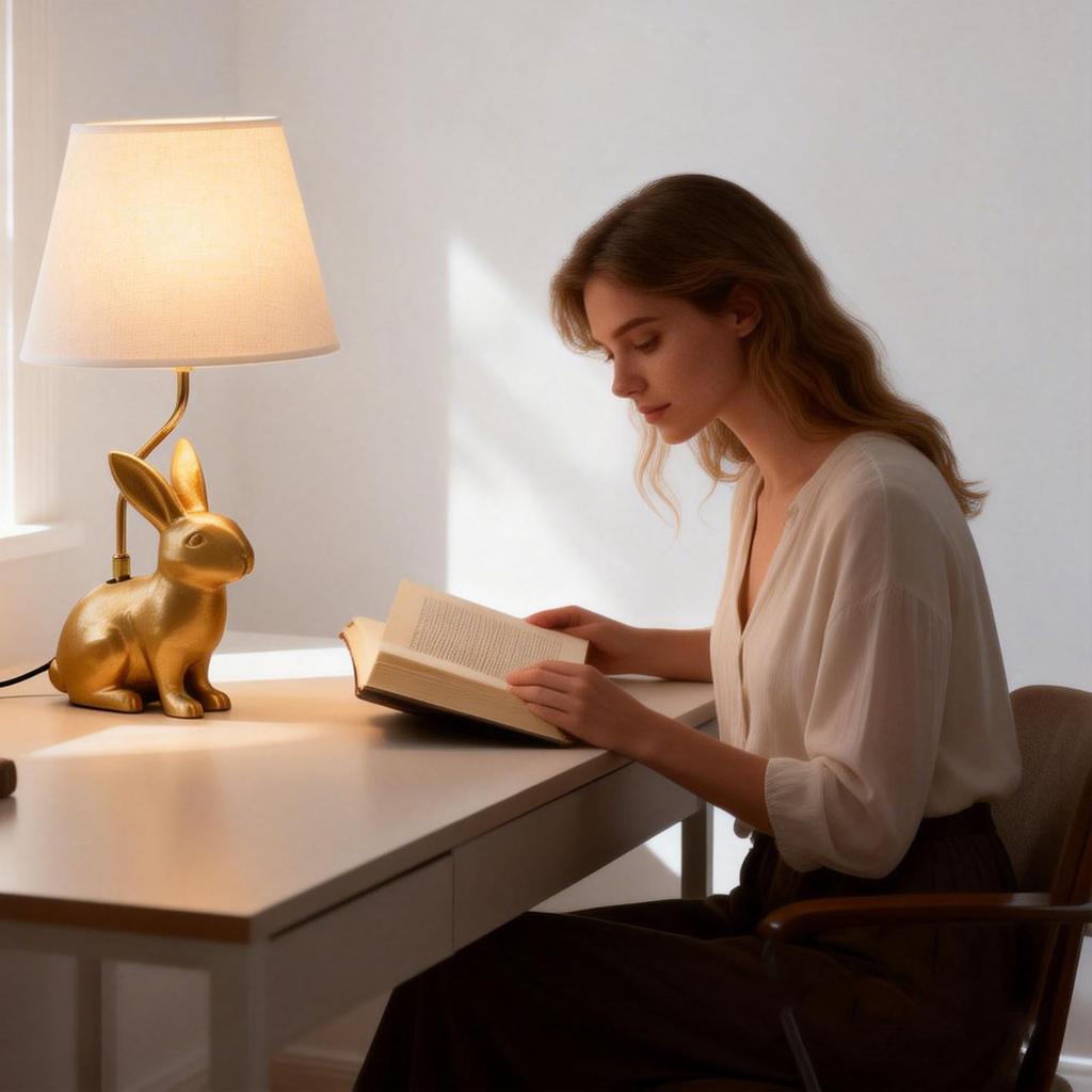 Golden Bunny Dog Resin Table Lamp With Linen Shade, Cute Desk And Bedside Lamp For Bedroom, Living Room Nightstand, Unique Home Deco