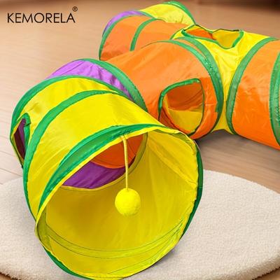 Colorful Long T-Shaped Cat Tunnel Toy Foldable Interactive Play Tube with Hanging Ball for Cats Multi-Entrance Design for Cats