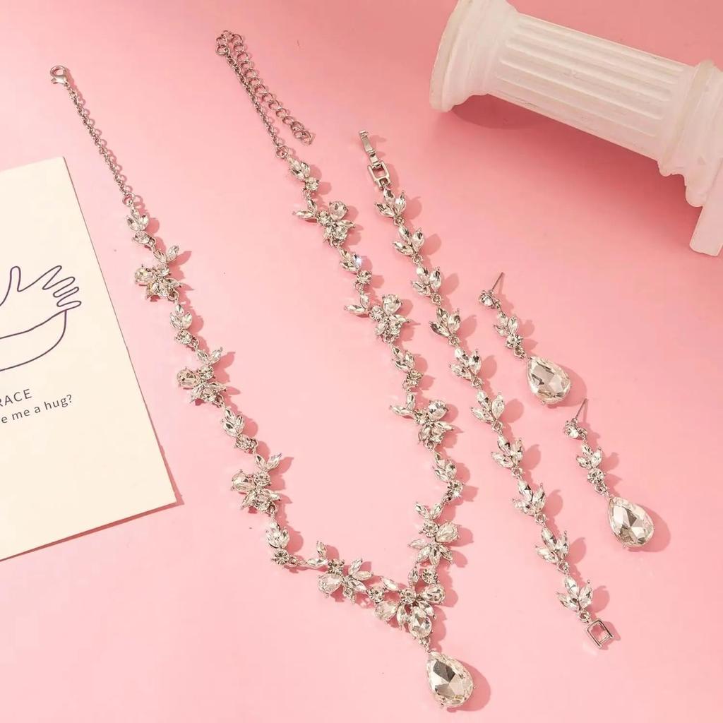 Luxury Crystal Water Drop Bridal Wedding Dress Set Necklace Earrings Bracelet Three-Piece Set