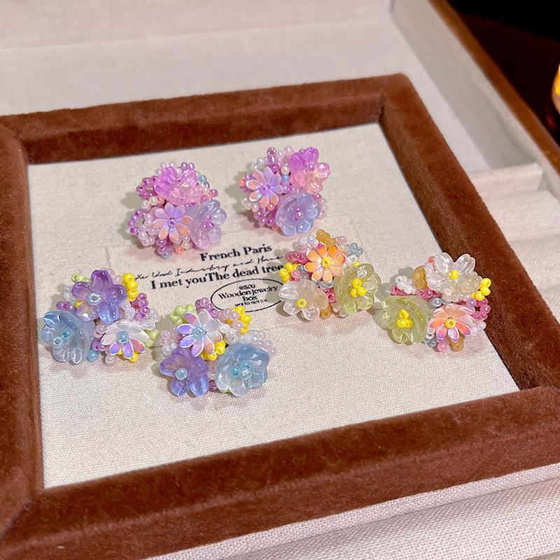 Romantic Handmade Beads Flower Earrings for Women Exquisite Elegent Rice Bead Floral Earring Dopamine Y2K Jewelry Gifts