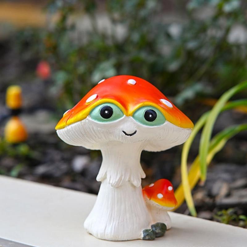 Handcrafts Green Eyed Mushroom Figurine Resins Miniature Ornament for Whimsically Tabletop and Garden Landscape Decors