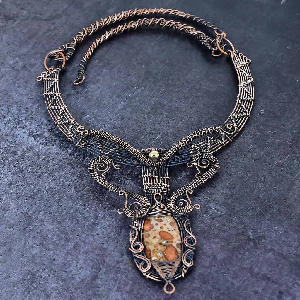 Asteroid Jasper Handmade Copper Wire Wrap Jewelry Necklace 18" I2D63