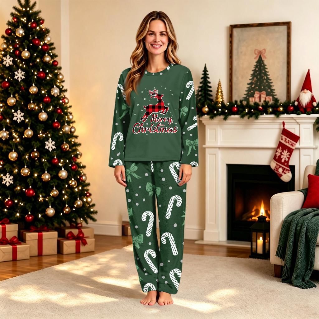 Family Matching Christmas Print Pajama Set, Long Sleeve Top and Long Pants Loungewear for Holiday