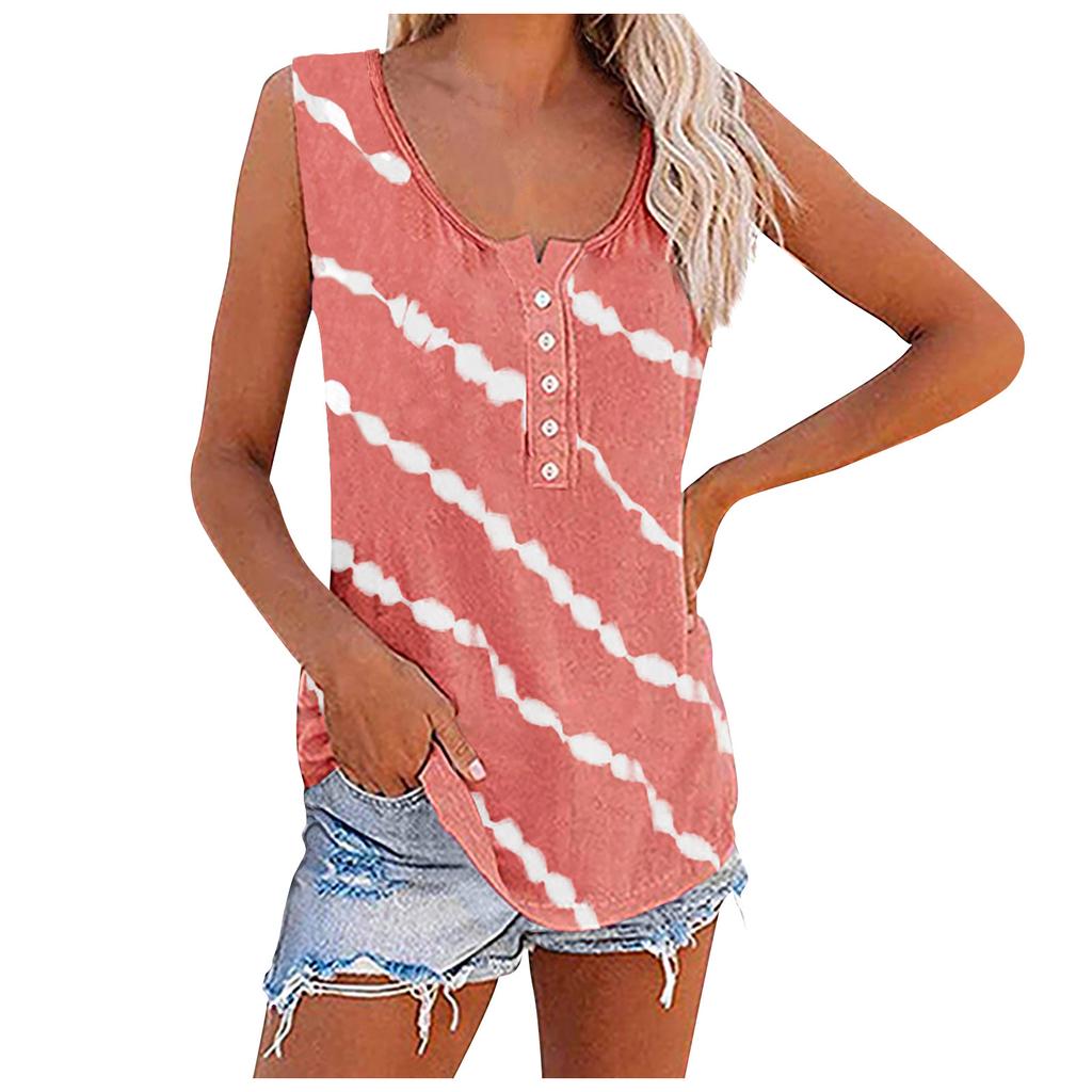 Women Sleeveless Button Front Tank Top Casual Round Neck Striped Printed Summer Blouse Lightweight Loose Fit Shirt