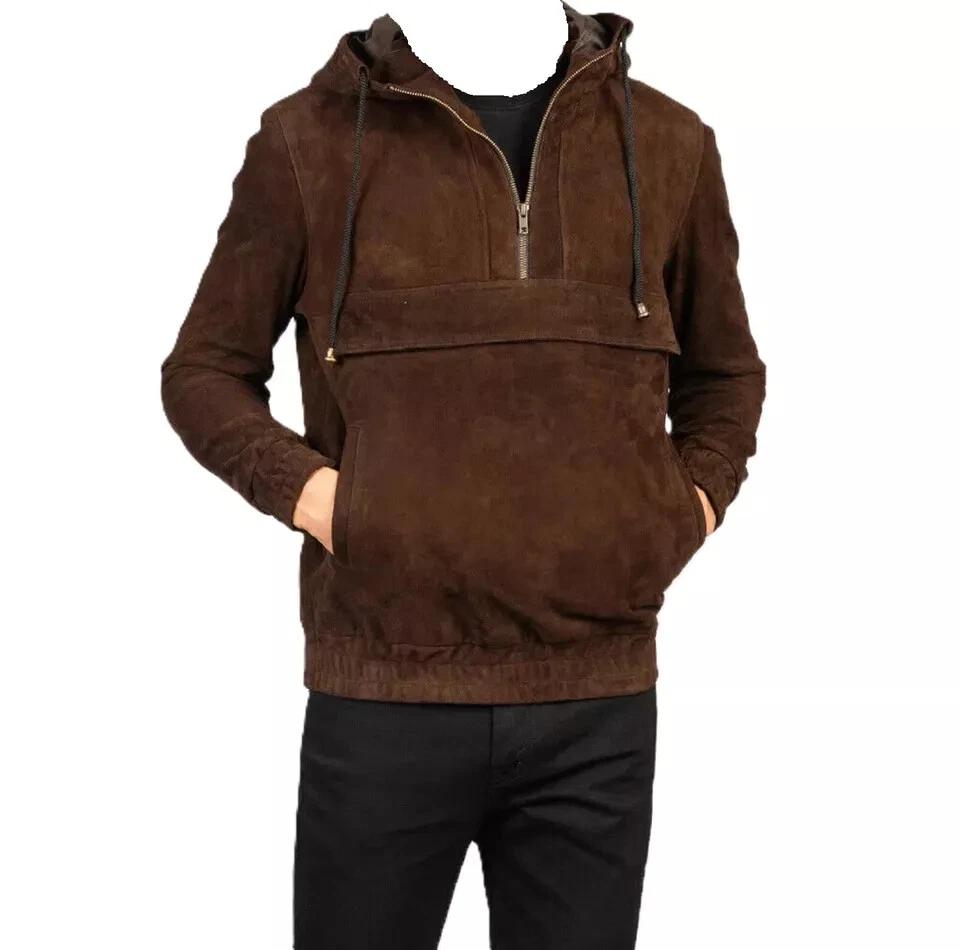 Veste à capuche Bomber Biker en Cuir Daim Doux Pur Élégant Fait Main pour Homme Marron