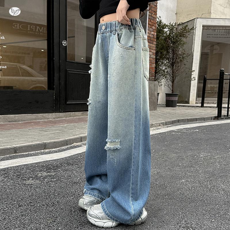 Girls Ripped Distressed Jeans Baggy Wide Leg Pants with Stretchy Waist Gradient Denim Pants for Kids Children Age 5-14Y
