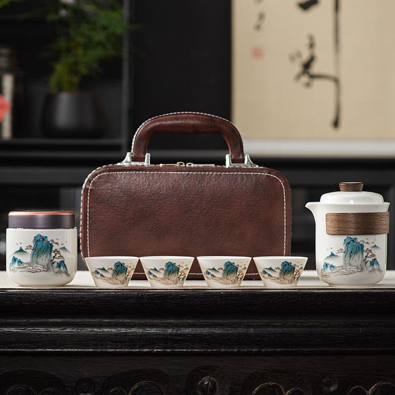 Travel tea set cover bowl teacup outdoor kung fu tea set small set portable express cup suet jade white porcelain gift