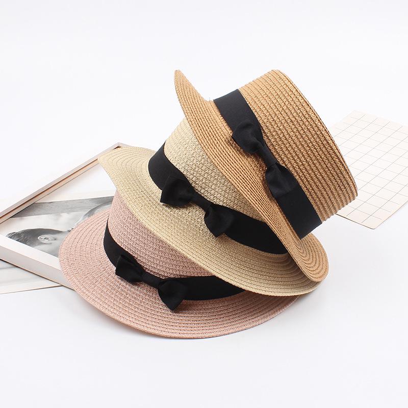 Korean Straw Hat - Retro Bow Flat Top Fedora for Spring & Summer Beach Days