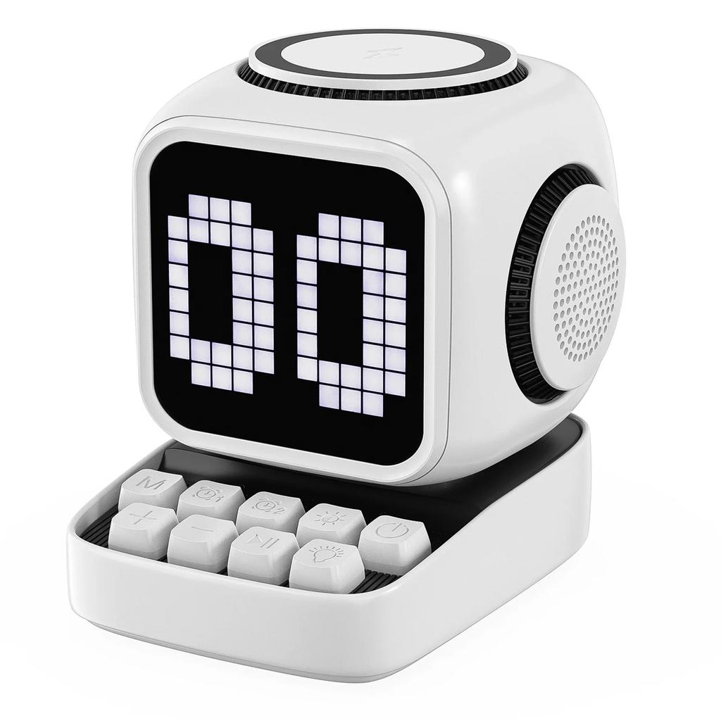 Wireless Charger Stand Retro Pixel Art Bluetooth Portable Speaker Alarm Clock LED Display Board Cute Gift Home Light Decoration