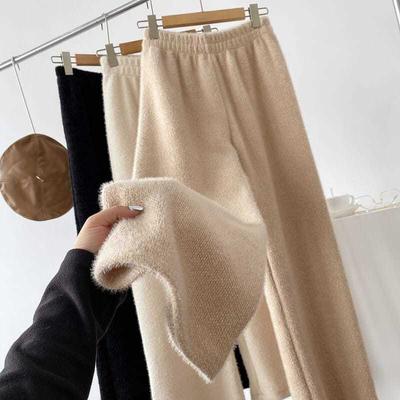 Nieuwe Winter Dikke Vintage Elastische Taille Rechte Broek Vrouwelijke All Match Mink Fluwelen Slanke Wijde Pijpen Losse Broek Vrouwen Casual Kleding