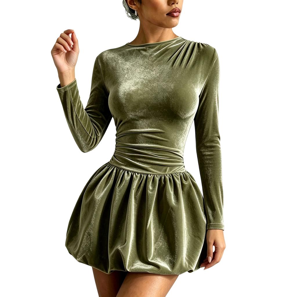 Women's Fashion Long Sleeve Stand Collar Belted A-Line Swing Dress