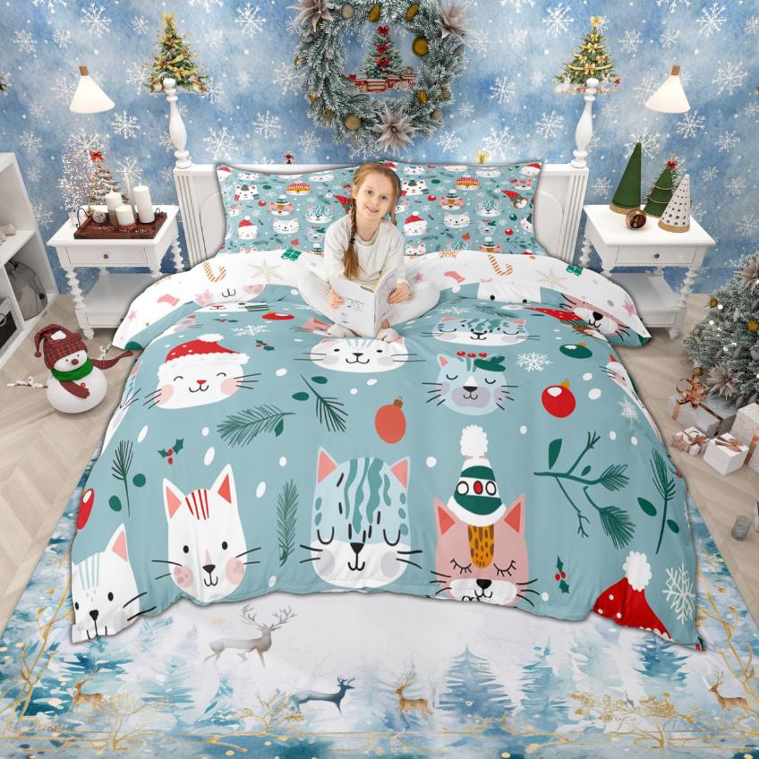 Homewish Cute Snowman Duvet Cover Set for Boys Girls, Christmas Tree Bedding Set, Happy New Year Xmas Comforter Cover Set