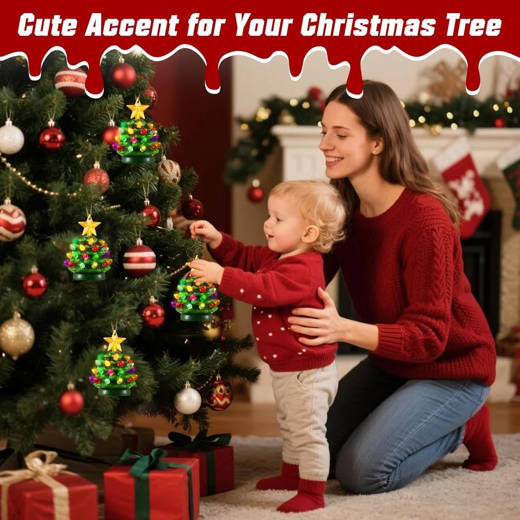 Mini LED Ceramic Christmas Tree, 3.5' Green Vintage Ornament with Lights & Stars for Tabletop or Mantel Decor