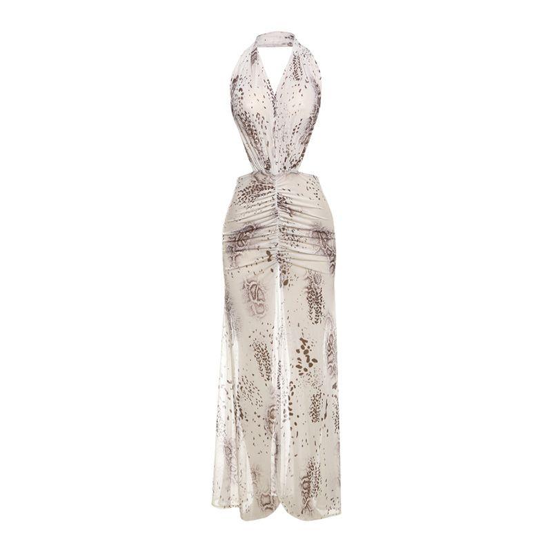 Outfitgirl Sexy Plaid Mesh Halterneck Bare Back Slim Fit Slit Print Dress Beach Vacation Dress