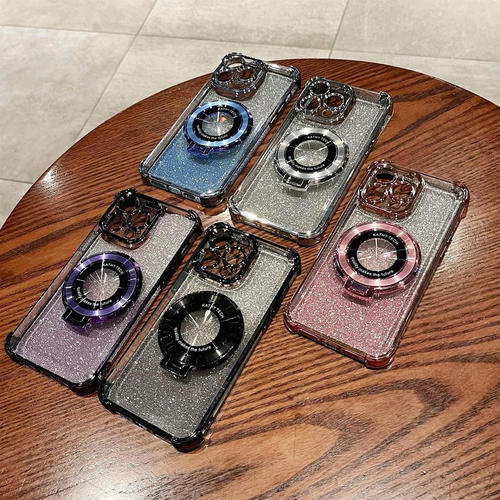 IPhone 16 Electroplated Four Corner Anti Fall Mobile Phone Case Magnetic Suction Bracket Suitable for Apple 15 Gradient Glitter Protective Case 13