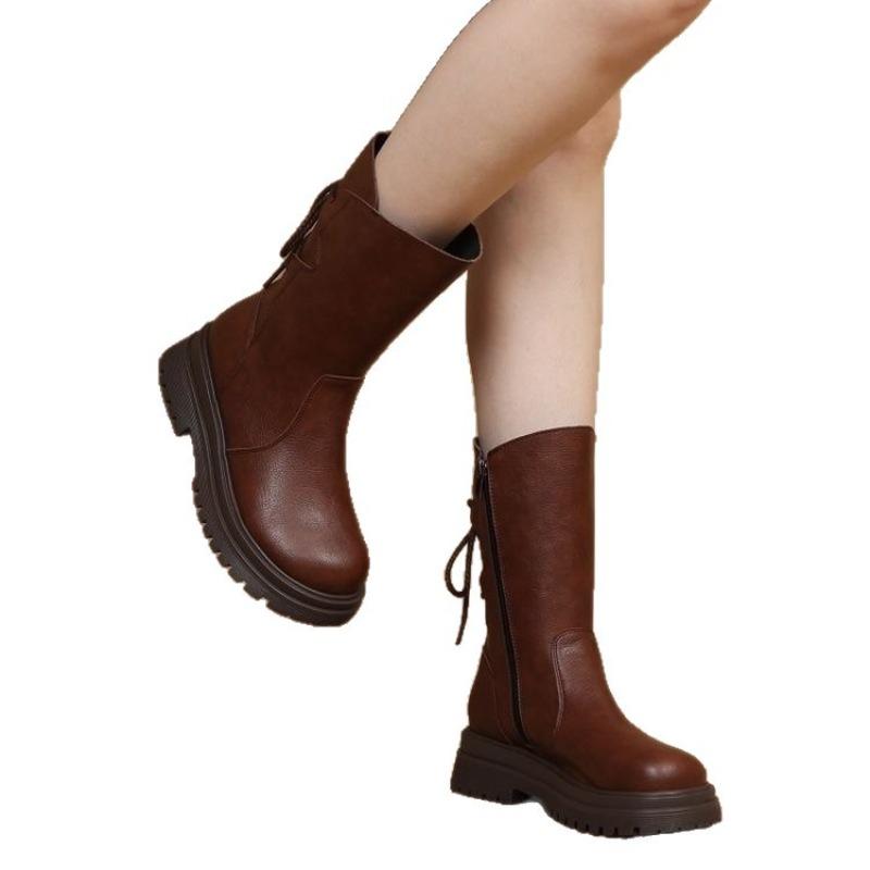 Poloviční kozačky, Měkká kůže, Měkké podrážky s fleecem, Nízký podpatek, Protiskluzové, Kozačky na robustním podpatku, Dámské boty