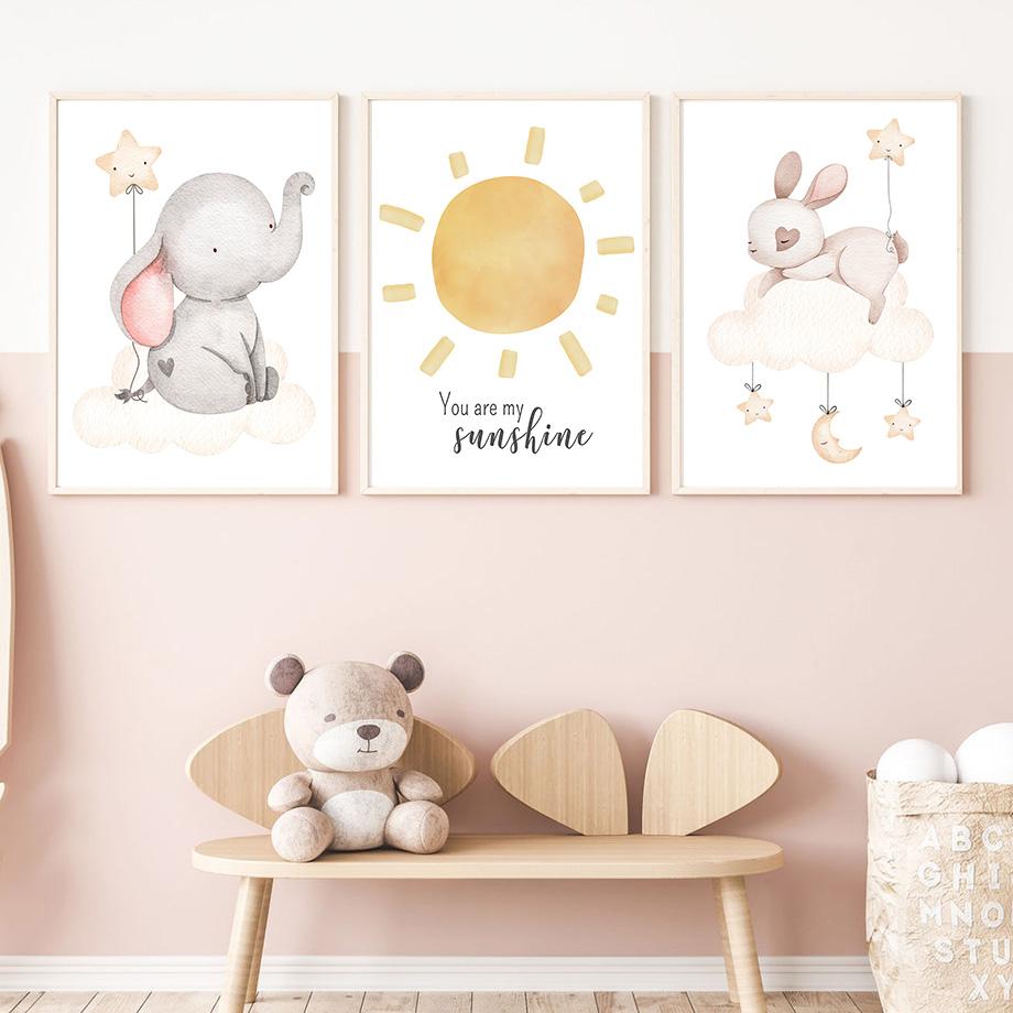 Boho Elefant Kaninchen Katze Regenbogen Mond Wolken Sonne Kinderzimmer Poster Nordic Wand Kunstdruck Leinwand Malerei Bilder Baby Room Decor