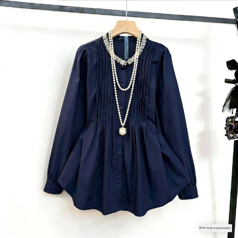 

Light Luxury Heavy-Duty Embellished Blue Long-Sleeve Shirt, Spring Fashion, Youthful Design, Doll-Style Top with a High-End Feel Navy Blue XL((60-65kg))