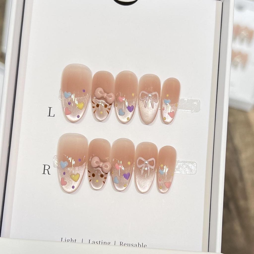 Dairuisen French Heart Bowknot Icy Translucent Blush Press-on Nail Art