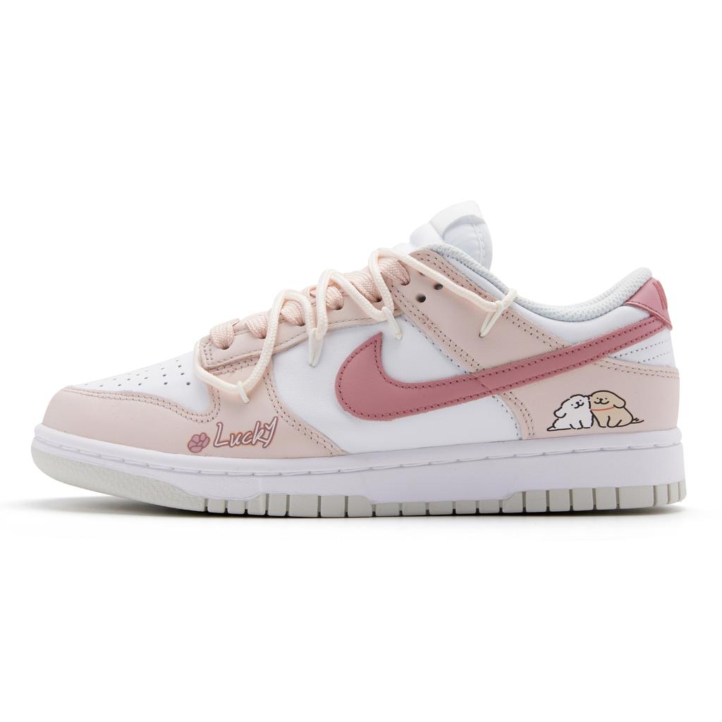 Nike Dunk Synthetic Leather, Artificial Leather Slip Resistant Cushioning Low top Skateboard Shoes Women's White Pink DD1503-103(Team44-)