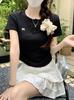 Gray Lace Front Shoulder Short-sleeved T-shirt Women's Summer New Pleated Card Waist Bow Short Top