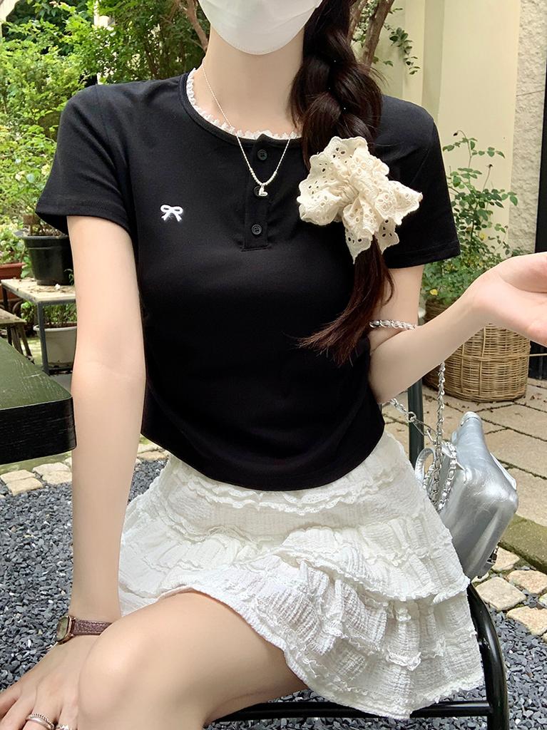 Gray Lace Front Shoulder Short-sleeved T-shirt Women's Summer New Pleated Card Waist Bow Short Top