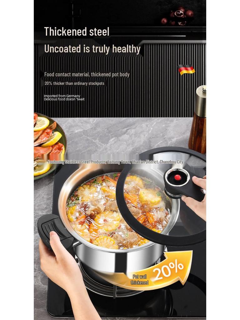 Multi-Functional 304 Stainless Steel Micro-Pressure Soup Pot, Compatible with Induction and Gas Stoves, Five-Layer Steel Composite Base.