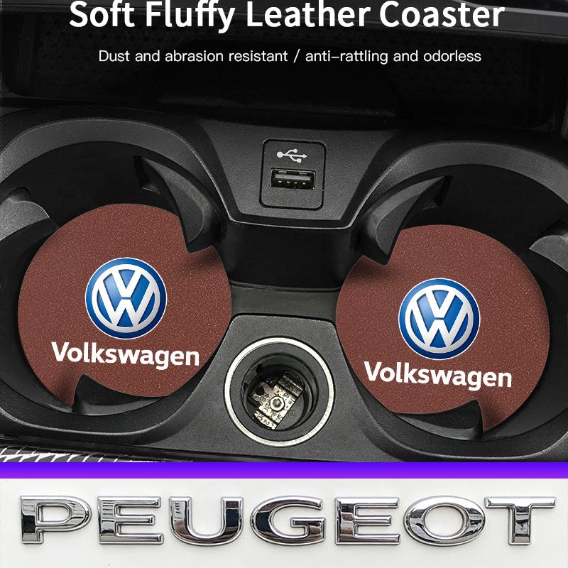 2Pcs Car Logo Coaster Suede Water Cup Anti-Slip Pads Keychain For VW Golf Amarok T5 Phaeton Teramont ID3 Tiguan T-Cross Passat