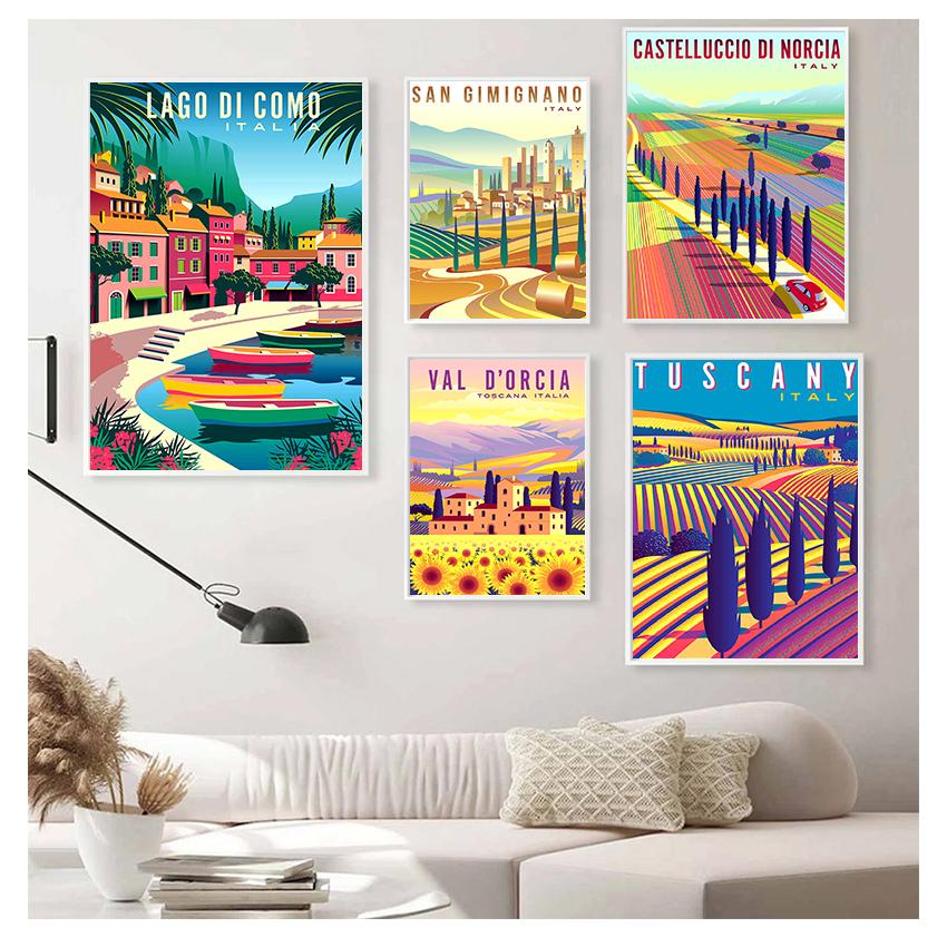 Itálie Řím Capri Toskánsko Retro Plakáty a grafiky Cestování Města Krajina Nástěnné umění Obraz Ložnice HD tisk Vintage umělecká malba