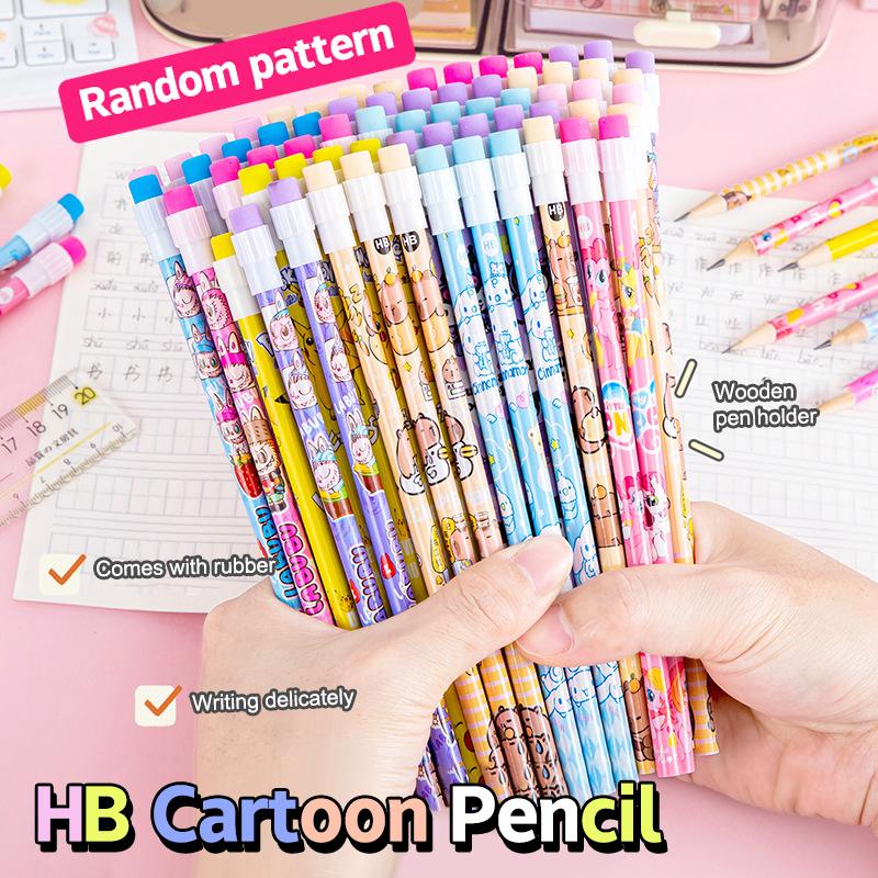 10Pcs Wooden Pencils With Eraser Cartoon Pencils With Colorful Eraser Office Supplies Student Stationery Birthday Gifts