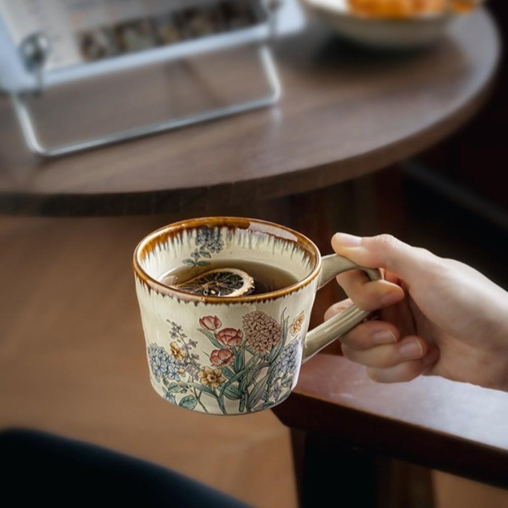 Floral Pattern Antique Style Mug Non-slip Milk Cup Decorative Ceramic Coffee Cup Travel