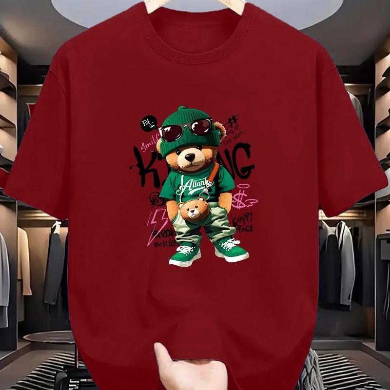 Men's Summer 100 Cotton Fashionable Casual Loose Large Geometric Bear Pattern Printed Sports Round Neck Short Sleeve T-shirt Top