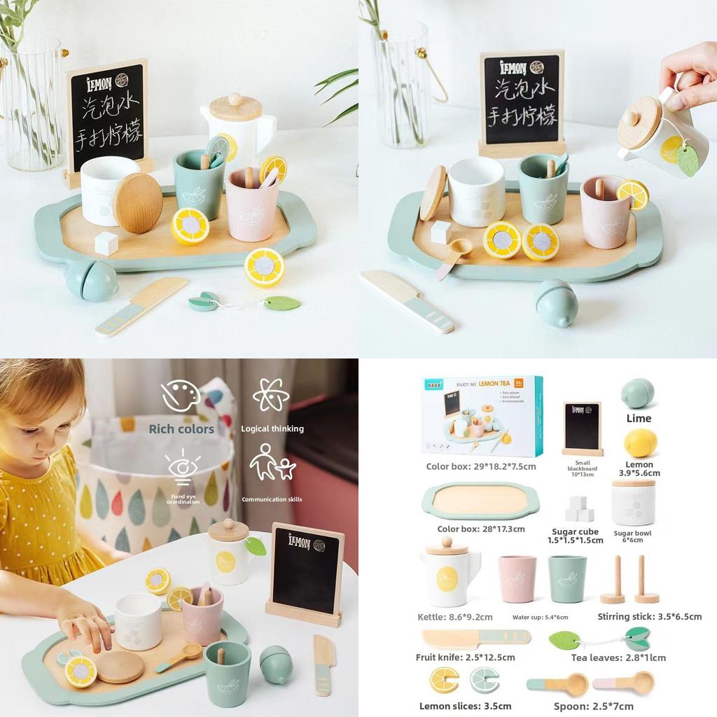 Kids Lemon Tea Set Toy With Wooden Kitchen Accessories For Imaginative Play