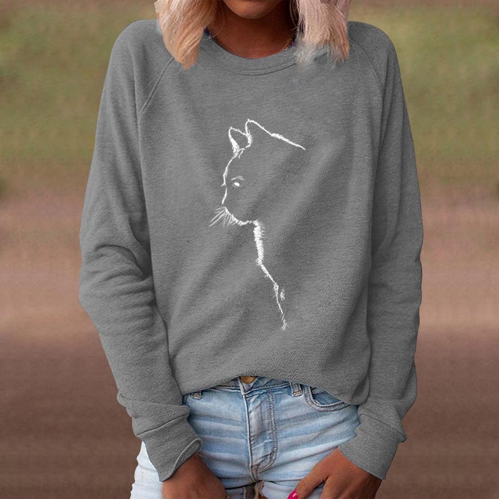 Women's Casual Loose and Comfortable Cat Pattern Printed Round Neck Long Sleeved Pullover