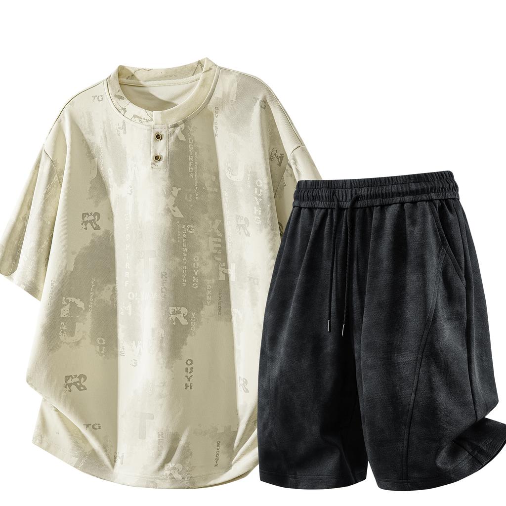 Men's Patchwork Top, Drawstring Design, Comfortable Two-piece Trousers Set