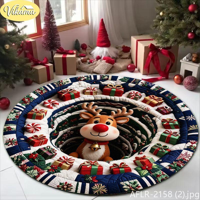 Cute Cartoon Christmas Reindeer Rug Non Slip Absorbent Round Living Room Mat Entryway Rug Washable Festive Home Decor