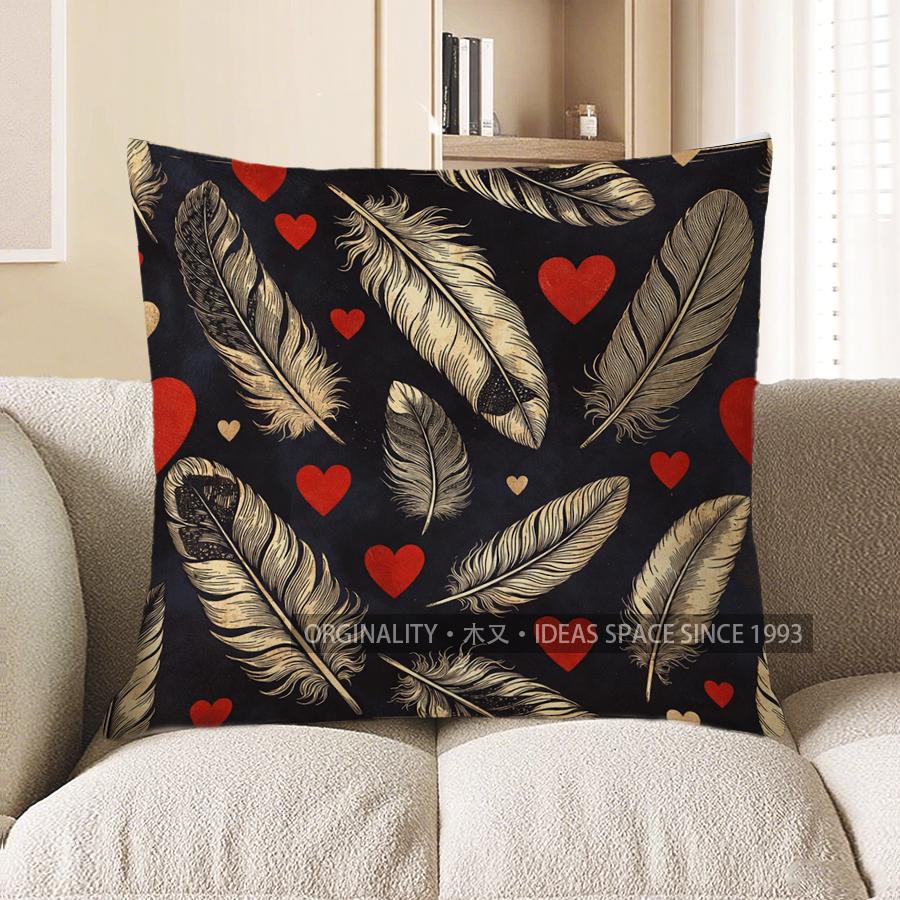 

2D Feathers & Hearts Patterned Decorative Pillow Covers Pattern Cushion Cover Suitable For Sofa Bedroom Car Pillow Cover 40x40cm