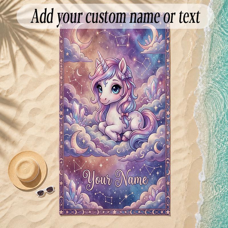 Unicorn Theme Soft Beach Towel Personalized Custom Name Text Towel Portable for Beach Pool Travel