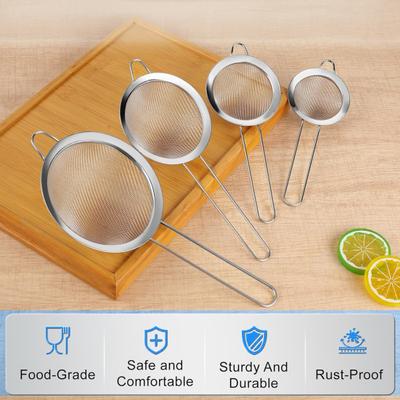 Stainless Steel Fine Mesh Strainer Set Multi-Size Kitchen Sifter for Flour Oil & Juice Long Handle Dishwasher Safe Versatile Sieve