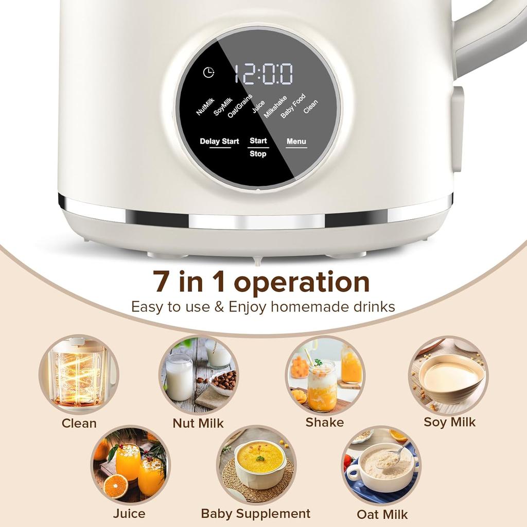 N7 Notenmelk Maker 50oz, Zelfgemaakte Amandel-, Soja-, Havermout- & Kokosmelk, Sap, Smoothies, Babyvoeding, Uitgestelde Start, Warm Houden, Zelfreinigend