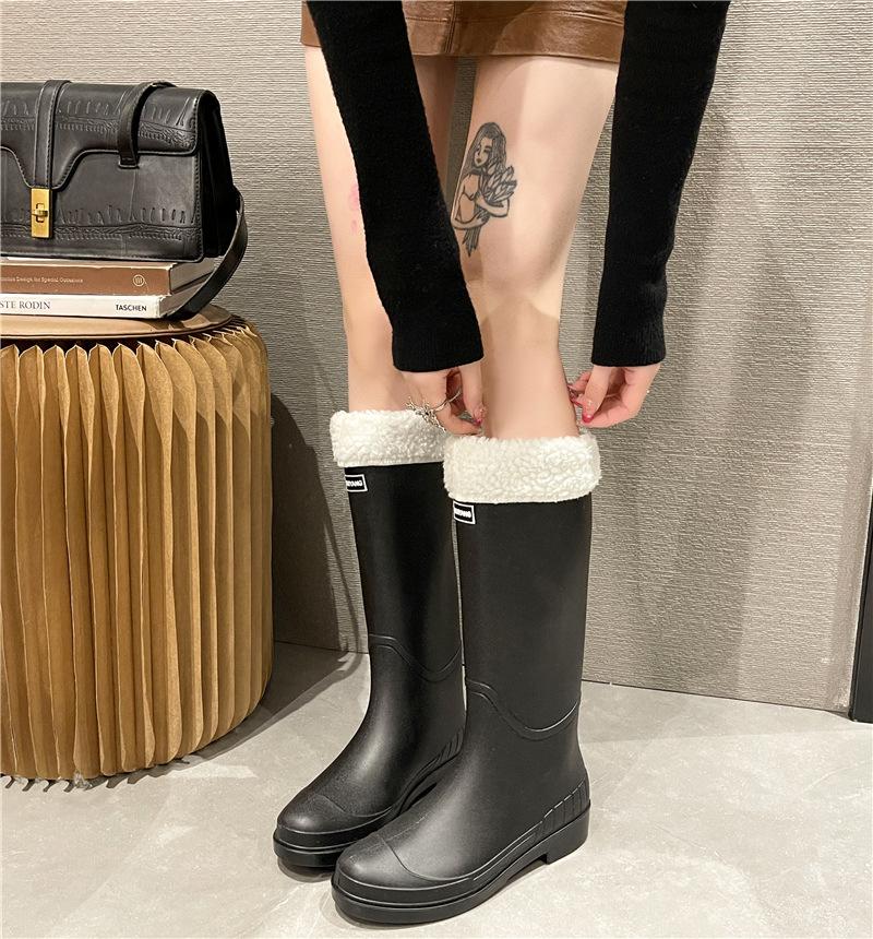 Fashion new high tube rain shoes female adult velvet warm non-slip water shoes high top boots cold rain shoes