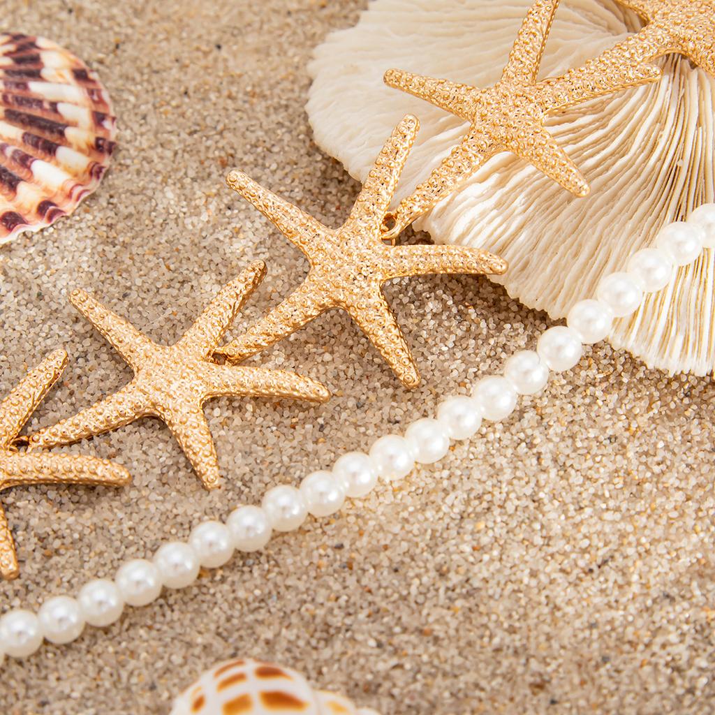 2Pcs/Set Boho Starfish Pendant Choker Necklace for Women Vintage Imitation Pearl Chain Summer Ocean Jewelry