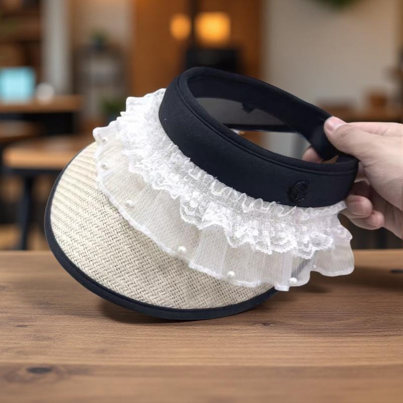 Sun Hat Summer Women's Sun Protection Lace Bow Empty Top Hat Vinyl Eaves Sun Protection Sun Hat Travel