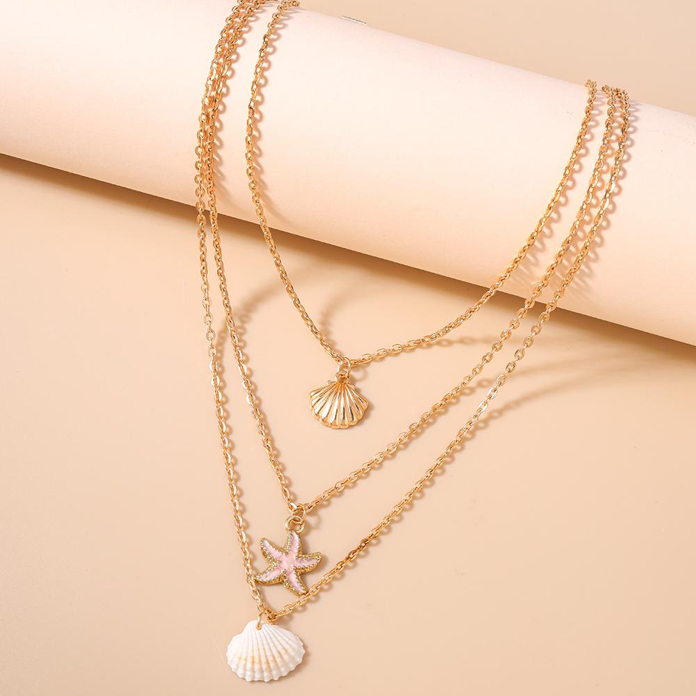 Bohemia Shell Starfish Pendant Necklace for Women Girls Multilayer Choker Necklaces Summer Beach Holiday Jewelry Gifts