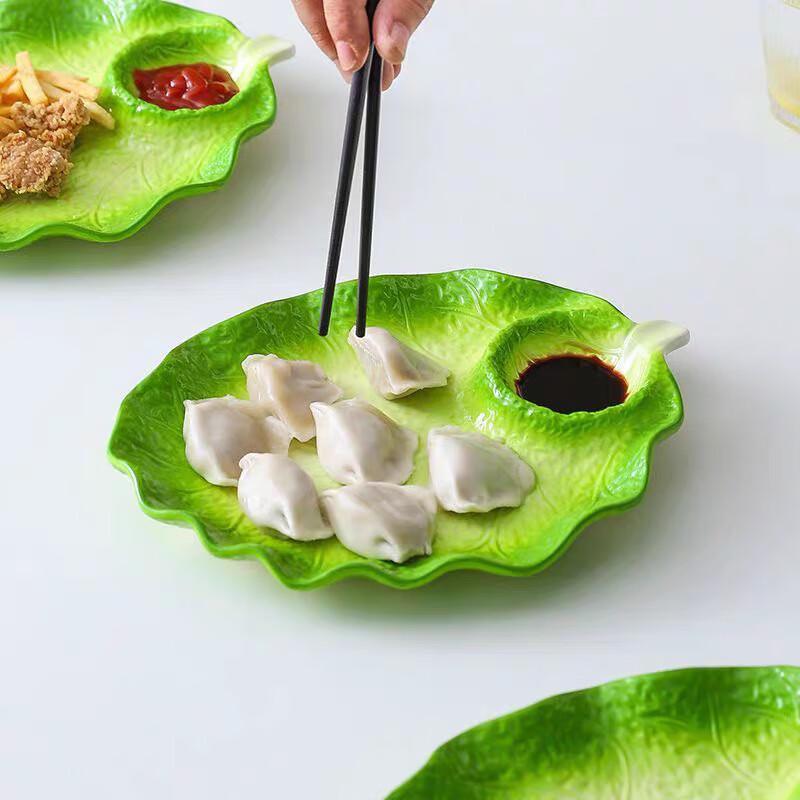 Ceramic Cabbage Dumpling Plate with Vinegar Dish
