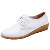 Women's White Lace-up Round Toe Non-slip Genuine Leather Flat Shoes - Casual & Versatile Korean Style