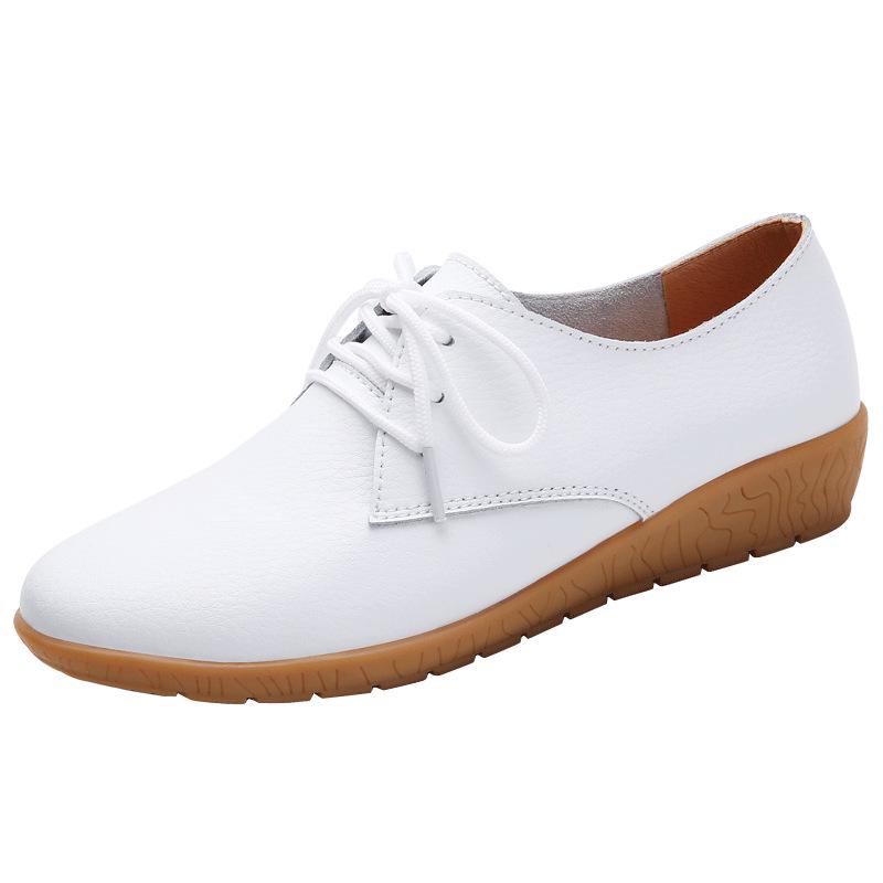 Women's White Lace-up Round Toe Non-slip Genuine Leather Flat Shoes - Casual & Versatile Korean Style