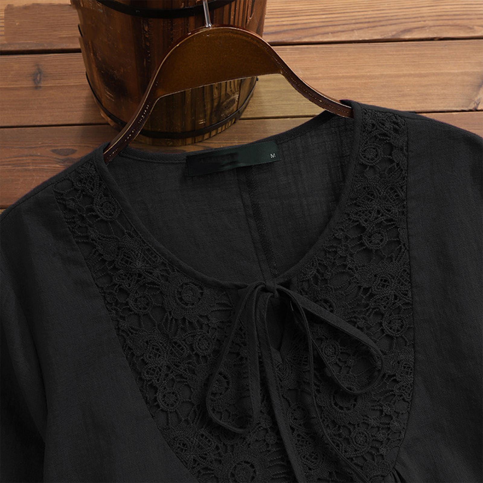 Женская модная повседневная свободная плиссированная кружевная блузка с круглым вырезом — фото 7